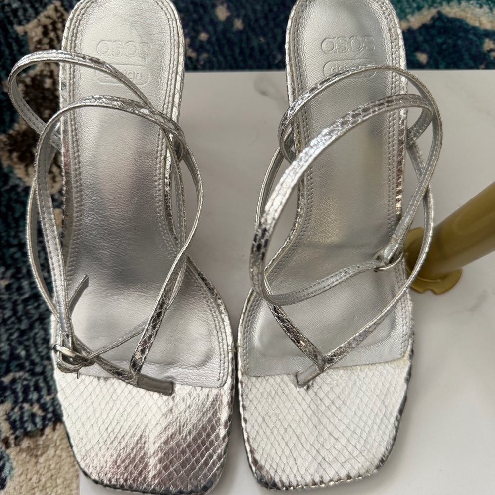 ASOS Silver Strappy Square-Toe Heels